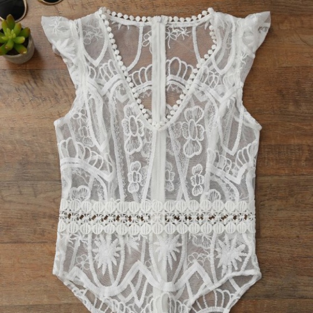 White Lace Embroidered Bodysuit